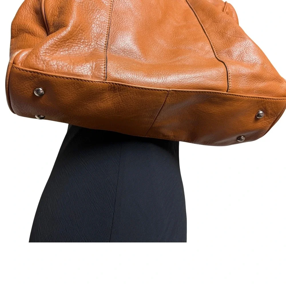 B. Makowsky Cognac Tan Pebbled Leather Chain Shoulder Bag Tote Leopard Lining - Picture 3 of 5